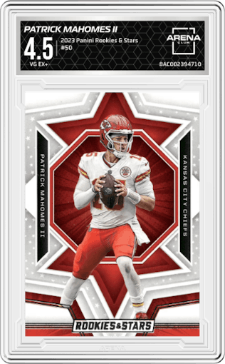 Patrick Mahomes II from the 2023 Panini Rookies & Stars set graded by Arena Club and given an overall grade of 4.5.