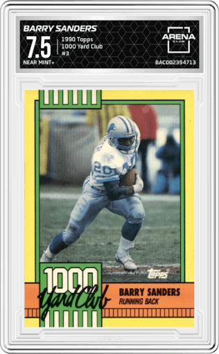 Barry Sanders from the 1990 Topps set graded by Arena Club and given an overall grade of 7.5.