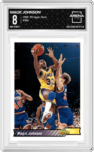 Magic Johnson from the 1992-93 Upper Deck  set graded by Arena Club and given an overall grade of 8.