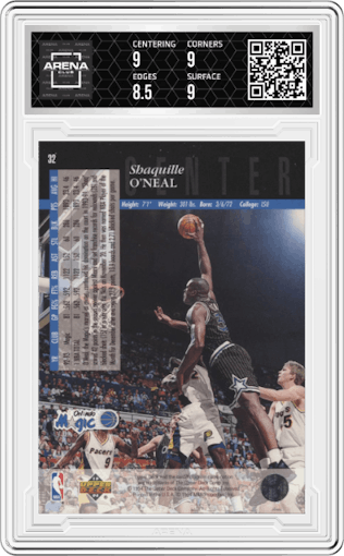 Shaquille O'Neal from the 1993-94 Upper Deck Special Edition set graded by Arena Club and given an overall grade of 9.