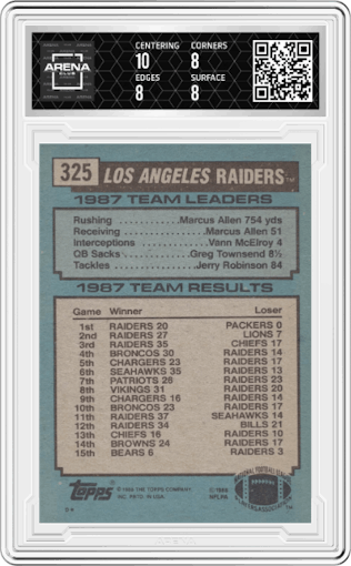Bo Jackson from the 1988 Topps set graded by Arena Club and given an overall grade of 8.5.