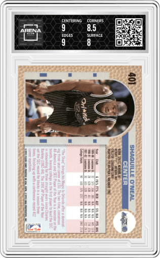 Shaquille O'Neal from the 1992-93 Fleer  set graded by Arena Club and given an overall grade of 8.5.