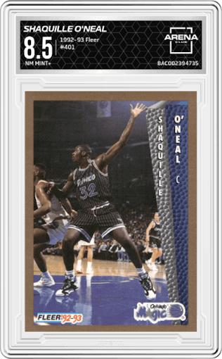 Shaquille O'Neal from the 1992-93 Fleer  set graded by Arena Club and given an overall grade of 8.5.