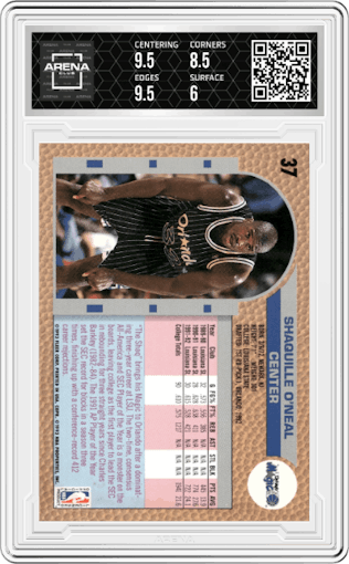 Shaquille O'Neal from the 1992-93 Fleer Drake's set graded by Arena Club and given an overall grade of 6.5.