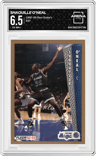 Shaquille O'Neal from the 1992-93 Fleer Drake's set graded by Arena Club and given an overall grade of 6.5.