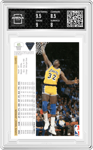 Magic Johnson from the 1991-92 Upper Deck set graded by Arena Club and given an overall grade of 8.5.