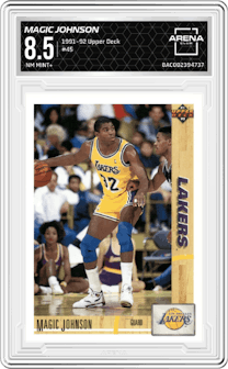 Magic Johnson from the 1991-92 Upper Deck set graded by Arena Club and given an overall grade of 8.5.
