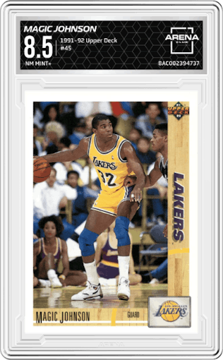 Magic Johnson from the 1991-92 Upper Deck set graded by Arena Club and given an overall grade of 8.5.