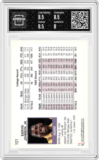 Magic Johnson from the 1991-92 NBA Hoops set graded by Arena Club and given an overall grade of 8.5.