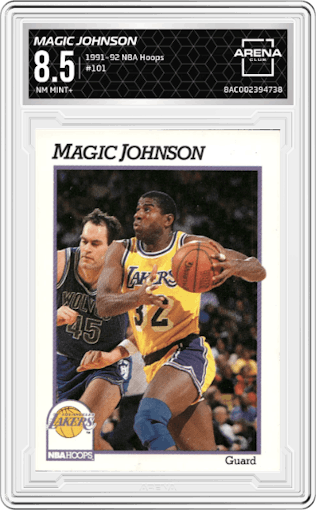 Magic Johnson from the 1991-92 NBA Hoops set graded by Arena Club and given an overall grade of 8.5.