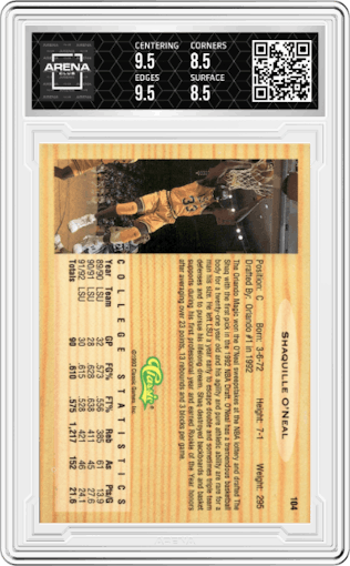 Shaquille O'Neal  from the 1993 Classic Draft Picks set graded by Arena Club and given an overall grade of 9.