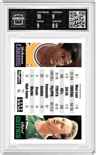 Magic Johnson/Larry Bird from the 1993-94 SkyBox Premium set graded by Arena Club and given an overall grade of 9.