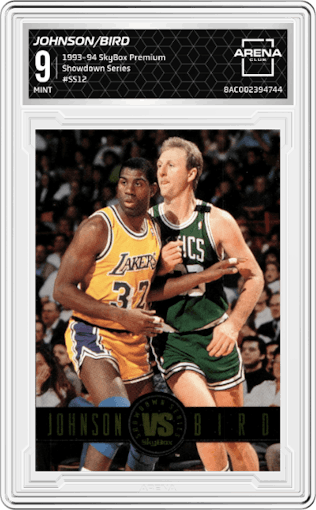 Magic Johnson/Larry Bird from the 1993-94 SkyBox Premium set graded by Arena Club and given an overall grade of 9.
