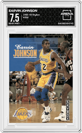 Earvin Johnson from the 1992-93 Skybox set graded by Arena Club and given an overall grade of 7.5.