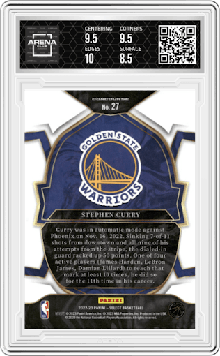 Stephen Curry from the 2022-23 Panini Select set graded by Arena Club and given an overall grade of 9.