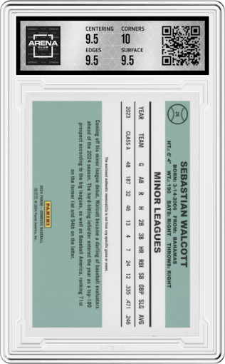 Sebastian Walcott from the 2024 Panini Donruss set featuring a Orange Ice parallel graded by Arena Club and given an overall grade of 10.