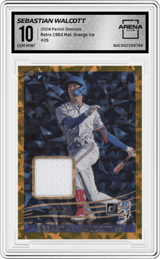 Sebastian Walcott from the 2024 Panini Donruss set featuring a Orange Ice parallel graded by Arena Club and given an overall grade of 10.