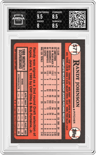 Randy Johnson from the 1989 Topps Traded set featuring a Tiffany parallel graded by Arena Club and given an overall grade of 8.5.