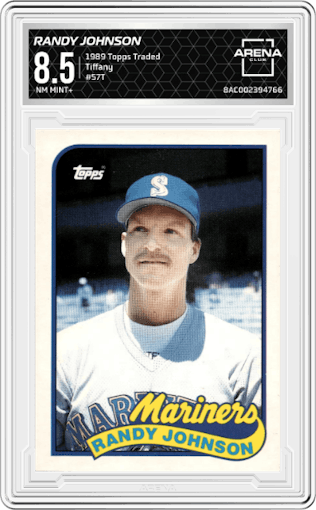 Randy Johnson from the 1989 Topps Traded set featuring a Tiffany parallel graded by Arena Club and given an overall grade of 8.5.