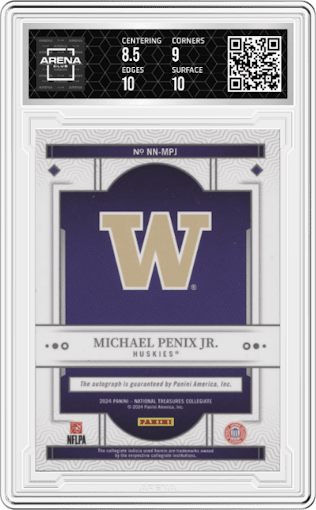 Michael Penix Jr. from the 2024 Panini National Treasures Collegiate set graded by Arena Club and given an overall grade of 9.