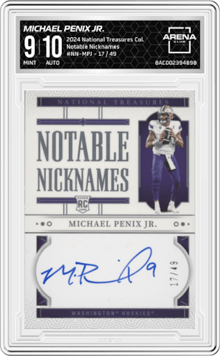 Michael Penix Jr. from the 2024 Panini National Treasures Collegiate set graded by Arena Club and given an overall grade of 9.