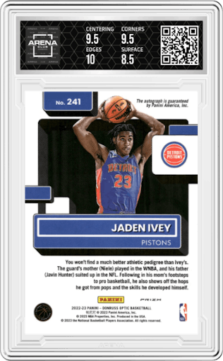 Jaden Ivey from the 2022-23 Panini Donruss Optic  set featuring a Choice parallel graded by Arena Club and given an overall grade of 9.