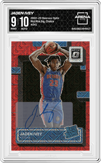 Jaden Ivey from the 2022-23 Panini Donruss Optic  set featuring a Choice parallel graded by Arena Club and given an overall grade of 9.