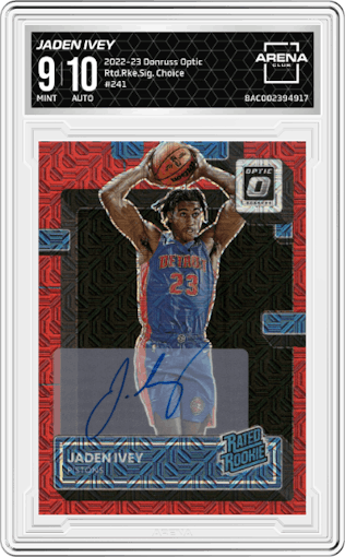 Jaden Ivey from the 2022-23 Panini Donruss Optic  set featuring a Choice parallel graded by Arena Club and given an overall grade of 9.