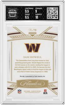 Sam Howell from the 2023 Panini Flawless set graded by Arena Club and given an overall grade of 9.5.
