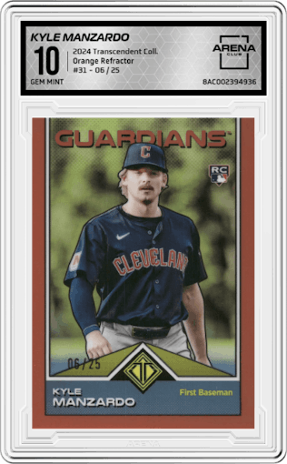 Kyle Manzardo from the 2024 Topps Transcendent Collection set featuring a Orange Refractor parallel graded by Arena Club and given an overall grade of 10.