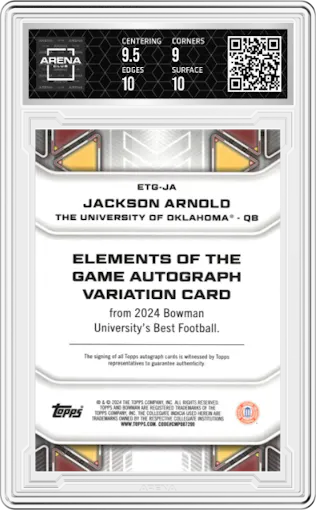 Jackson Arnold  from the 2024 Bowman University Best set graded by Arena Club and given an overall grade of 9.5.