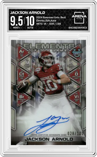 Jackson Arnold  from the 2024 Bowman University Best set graded by Arena Club and given an overall grade of 9.5.