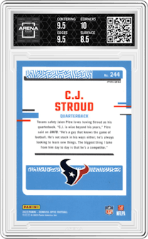 C.J. Stroud from the 2023 Donruss Optic set featuring a Holo parallel graded by Arena Club and given an overall grade of 9.