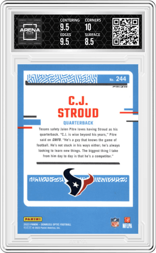 C.J. Stroud from the 2023 Donruss Optic set featuring a Holo parallel graded by Arena Club and given an overall grade of 9.