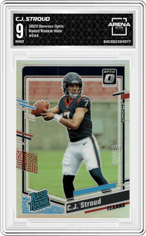 C.J. Stroud from the 2023 Donruss Optic set featuring a Holo parallel graded by Arena Club and given an overall grade of 9.