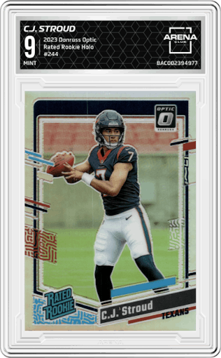 C.J. Stroud from the 2023 Donruss Optic set featuring a Holo parallel graded by Arena Club and given an overall grade of 9.