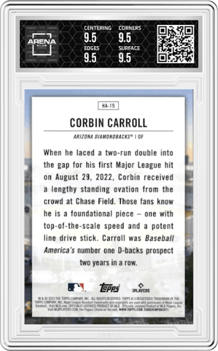 Corbin Carroll from the 2023 Topps Series 2 set graded by Arena Club and given an overall grade of 9.5.