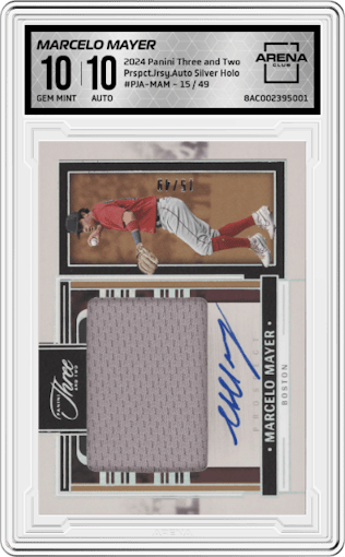 Marcelo Mayer from the 2024 Panini Three and Two set featuring a Silver Holo parallel graded by Arena Club and given an overall grade of 10.