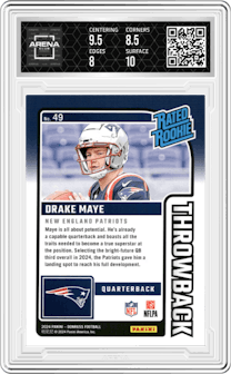 Drake Maye from the 2024 Donruss set featuring a Studio Series parallel graded by Arena Club and given an overall grade of 8.5.