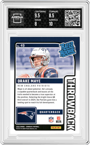 Drake Maye from the 2024 Donruss set featuring a Studio Series parallel graded by Arena Club and given an overall grade of 8.5.