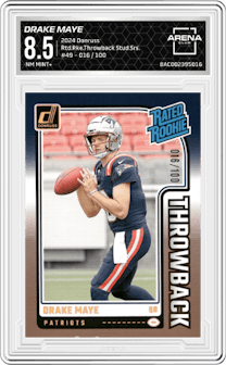 Drake Maye from the 2024 Donruss set featuring a Studio Series parallel graded by Arena Club and given an overall grade of 8.5.