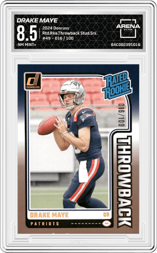 Drake Maye from the 2024 Donruss set featuring a Studio Series parallel graded by Arena Club and given an overall grade of 8.5.