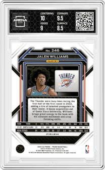 Jalen Williams from the 2022-23 Panini Prizm  set featuring a Silver Prizm parallel graded by Arena Club and given an overall grade of 9.