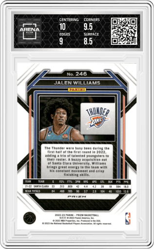 Jalen Williams from the 2022-23 Panini Prizm  set featuring a Silver Prizm parallel graded by Arena Club and given an overall grade of 9.