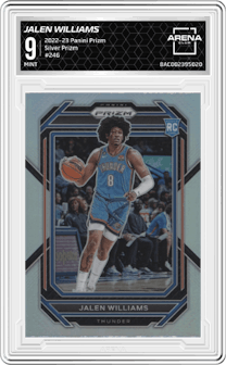 Jalen Williams from the 2022-23 Panini Prizm  set featuring a Silver Prizm parallel graded by Arena Club and given an overall grade of 9.