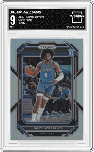 Jalen Williams from the 2022-23 Panini Prizm  set featuring a Silver Prizm parallel graded by Arena Club and given an overall grade of 9.