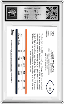 Caleb Williams from the 2024 Topps Chrome set featuring a X-Fractor parallel graded by Arena Club and given an overall grade of 10.
