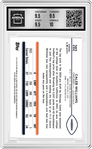 Caleb Williams from the 2024 Topps Chrome set featuring a X-Fractor parallel graded by Arena Club and given an overall grade of 10.