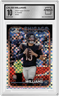 Caleb Williams from the 2024 Topps Chrome set featuring a X-Fractor parallel graded by Arena Club and given an overall grade of 10.