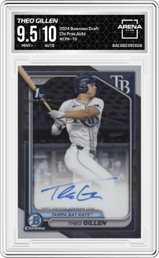 Theo Gillen from the 2024 Bowman Draft set graded by Arena Club and given an overall grade of 9.5.